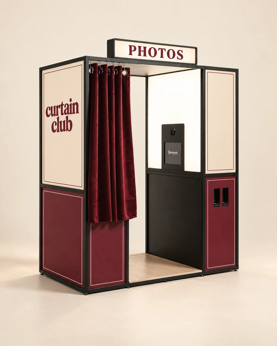 Curtain Club cream and oxblood wrap concept on the enclosed Gallery photo booth