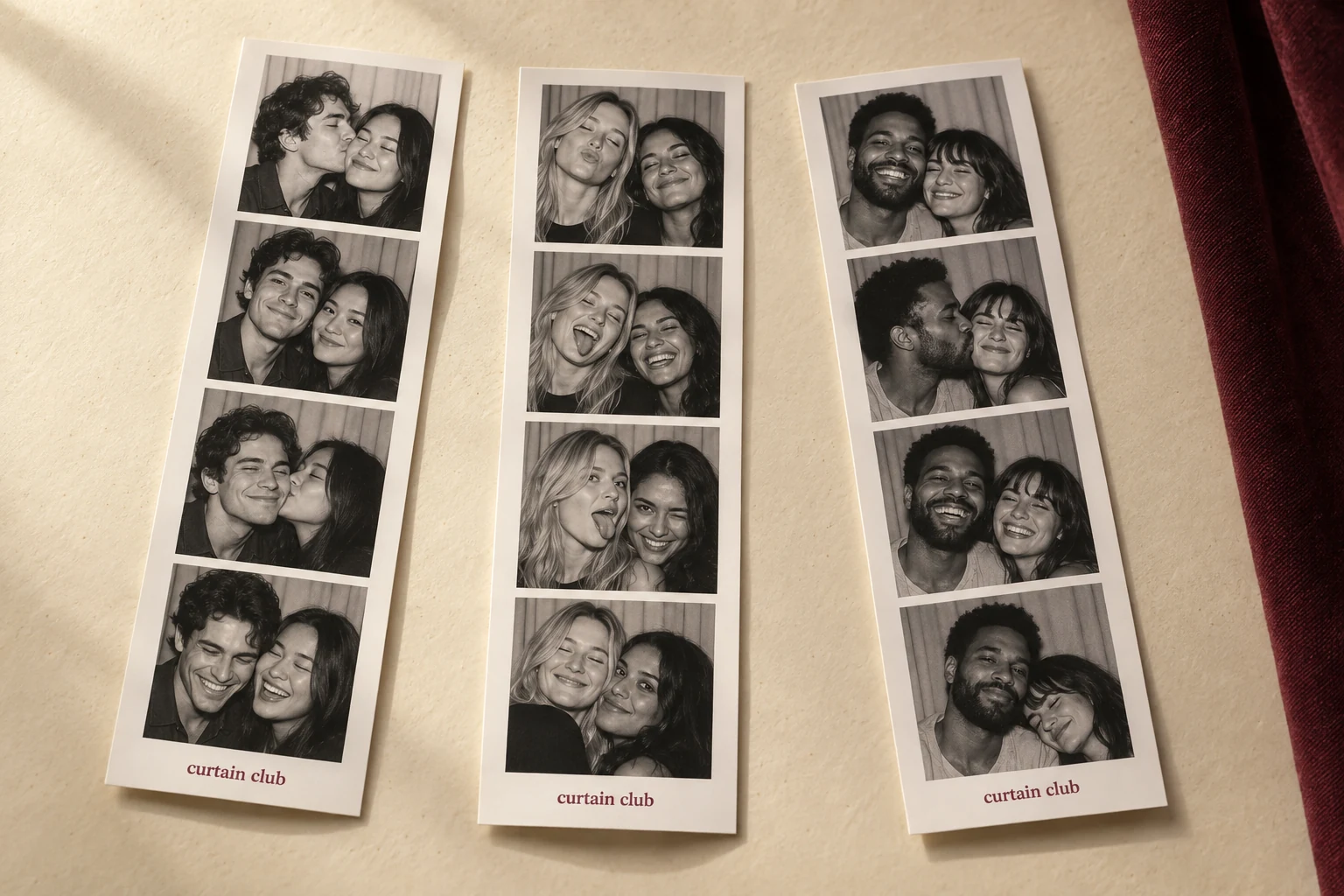 Black-and-white photo strips with candid friends and couples on a warm cream tabletop